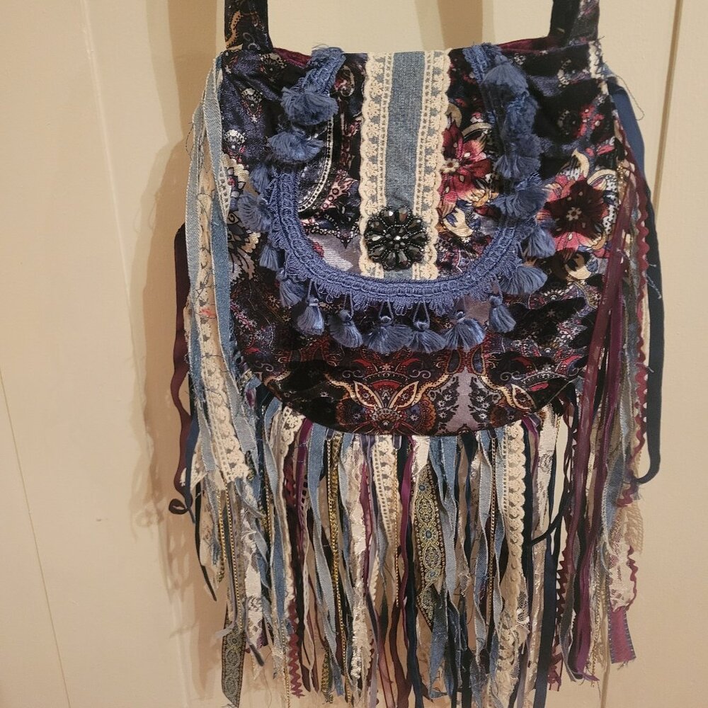 Handmade Paisley Velvet Fringe Bag Blue Boho Gypsy Coachella Festival Handbag